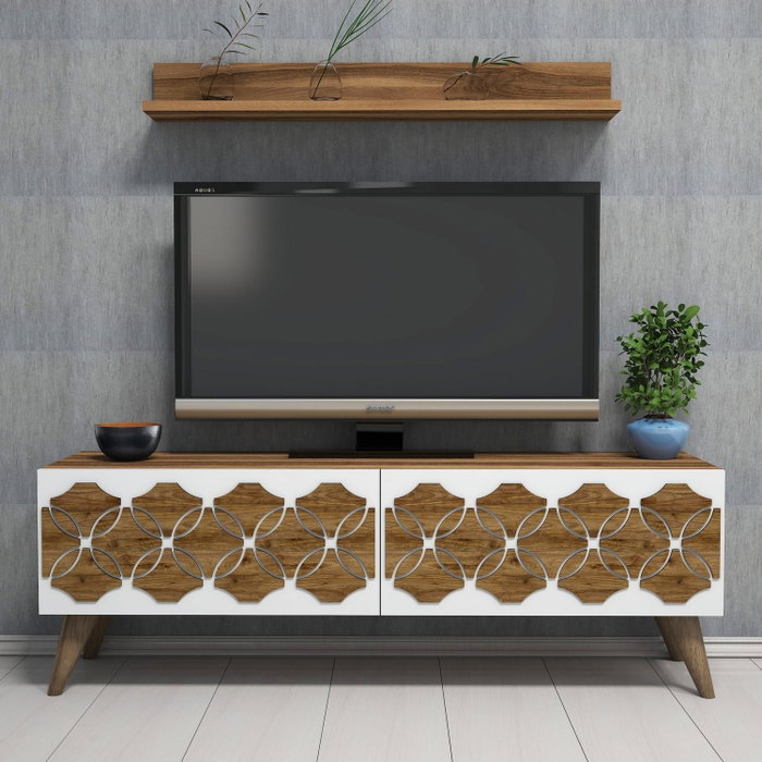 Hanah Home Mueble TV Nogal Diseño Floral Moderno Elegante con Almacenamiento 120cm